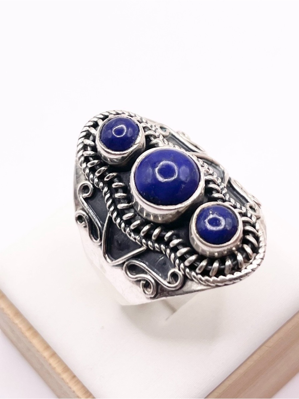 Size 9 925 Sterling Silver Blue Lapis Triple Cabochon Statement Ring - Picture 4 of 10